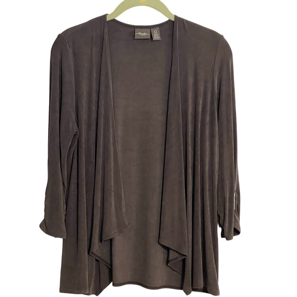 Chico's Travelers Women's Charcoal Gray Cascading Open Front Cardigan Size Small